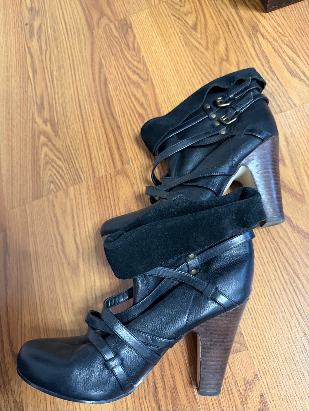 kelly & katie Women’s Black Leather High Heel Ankle Boots with Wrap Straps